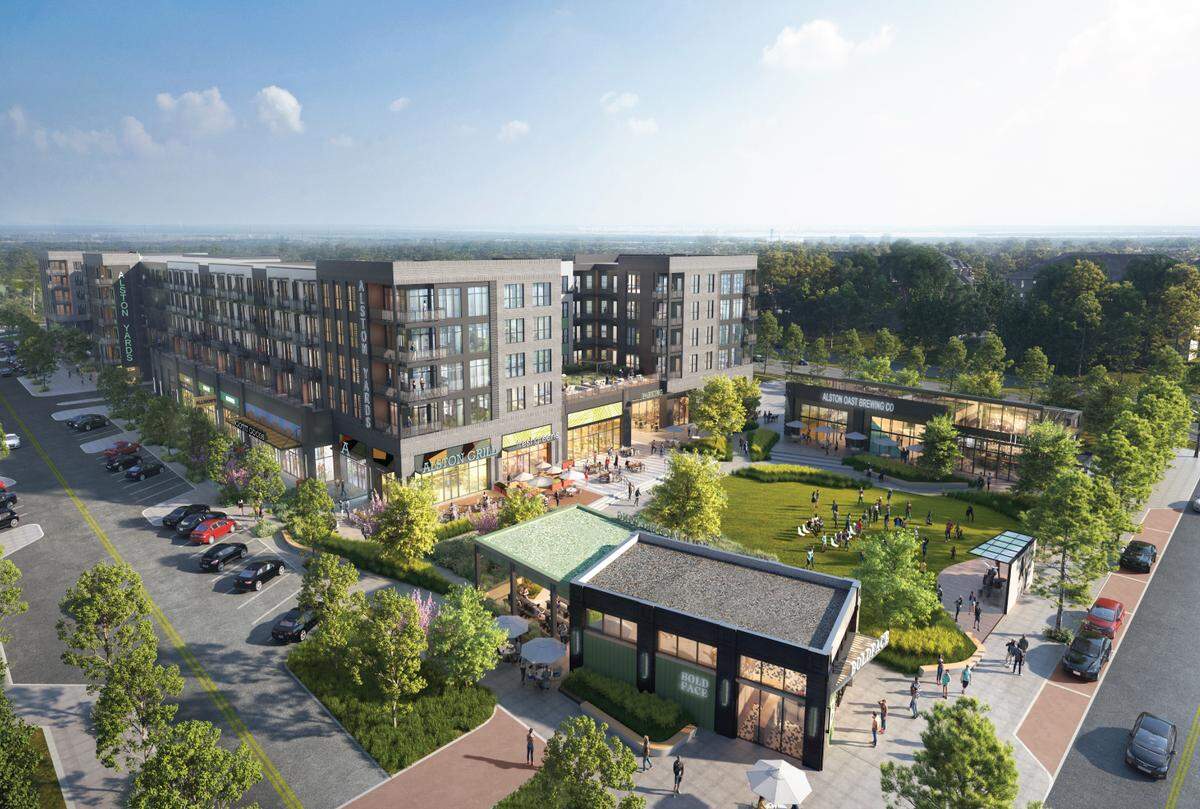 A rendering of apartments planned for the 46.29-acre Alston Yards development along Highway 55 and O’Kelly Chapel Road in Cary.