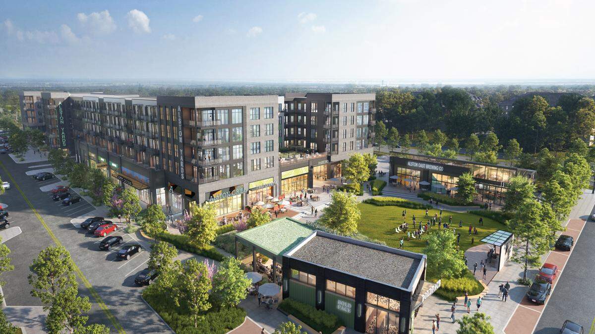 A rendering of apartments planned for the 46.29-acre Alston Yards development along Highway 55 and O’Kelly Chapel Road in Cary.