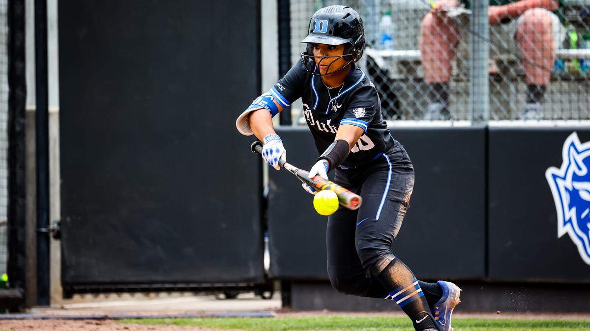 Duke freshman D’Auna Jennings bunts the ball during the Blue Devils’ NCAA regional game against Charlotte at Duke Softball Stadium in Durham on May 20.
