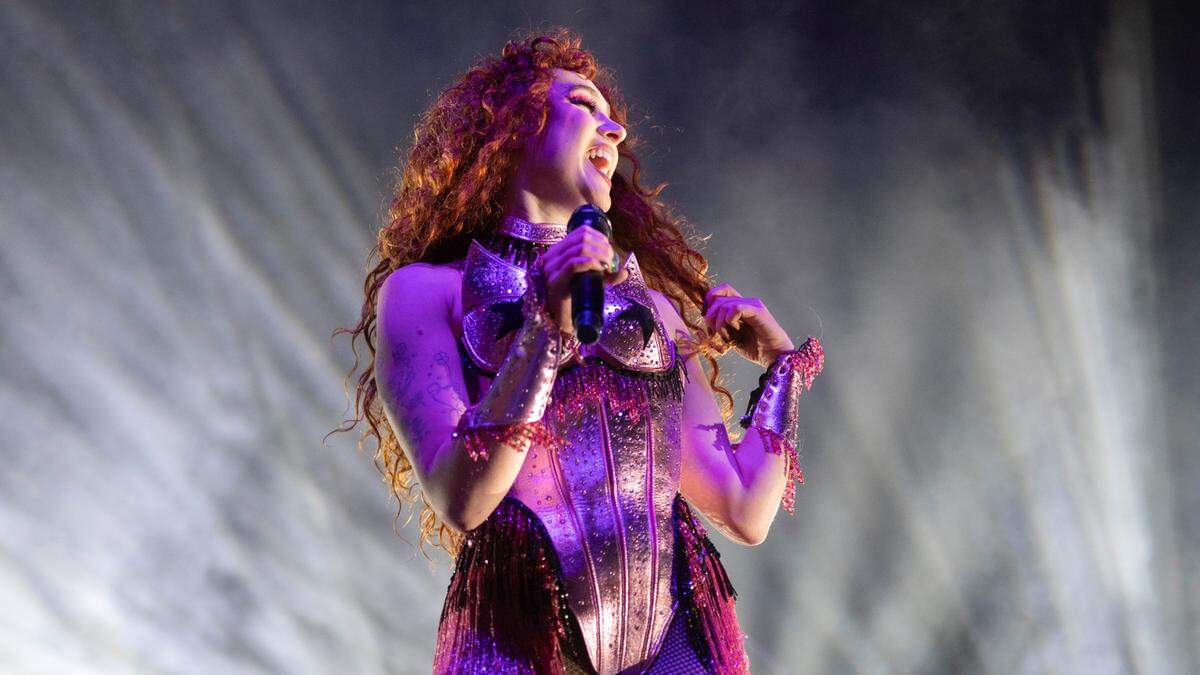 Chappell Roan performs on stage during her “The Midwest Princess Tour” at Raleigh’s Red Hat Amphitheater on June 13, 2024.
