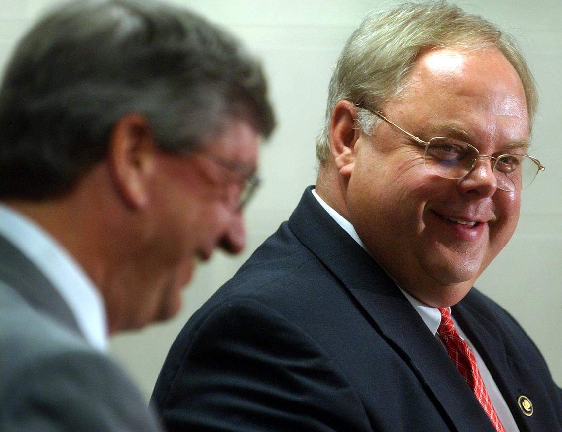 In this file photo, Republican Richard Morgan, right, is shown with Democrat James Black. The two shared the title of Speaker of the House for two years after the 2002 elections. Morgan died on Oct. 10.