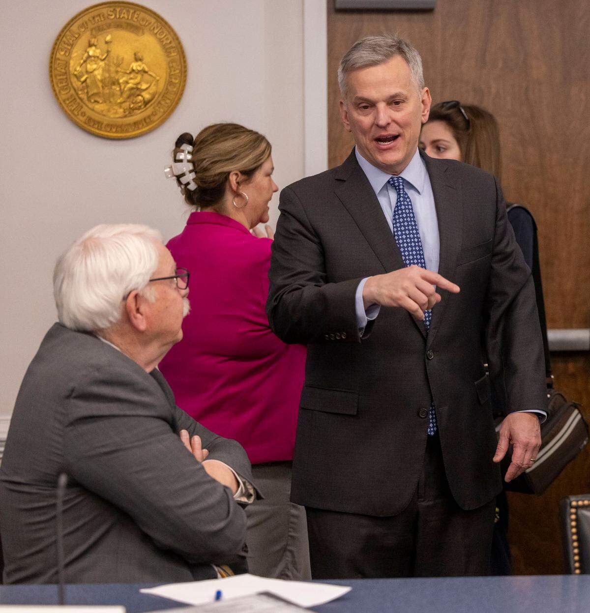 North Carolina Governor Josh Stein talks with Commissioner of Agriculture Steve Troxler, prior to the Council of State meeting on Tuesday, February, 4, 2025 in Raleigh, N.C.