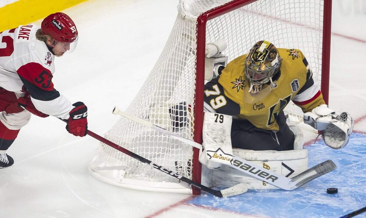 Carolina Hurricanes right wing Jackson Blake (53) shoots on Vegas goalie Carter Hart (79) in the first period during Game 6 of the Stanley Cup Final, on Sunday, June 14, 2026 at T-Mobile Arena in Las Vegas, NV.