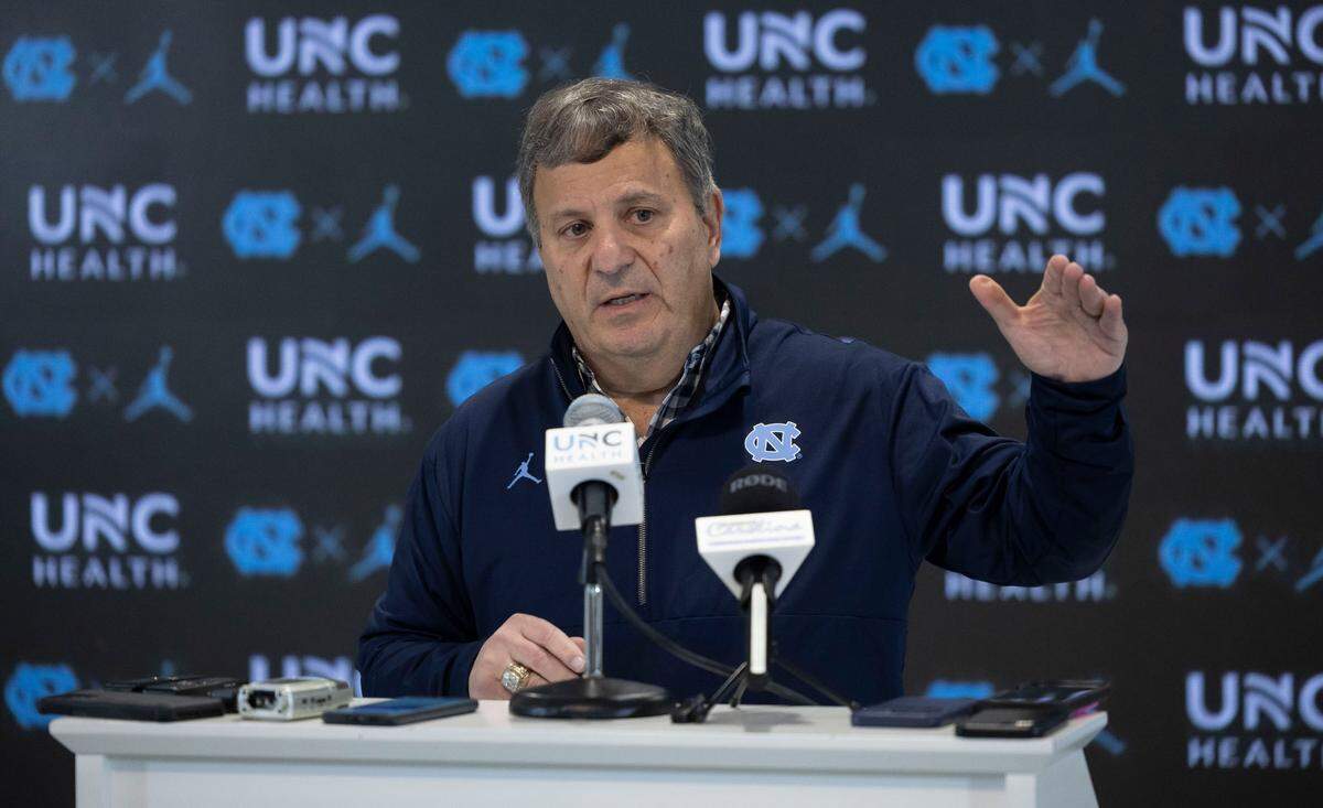 UNC football General Manager Michael Lombardi fields questions during a media availability on Tuesday, February 11, 2025 at Kenan Stadium in Chapel Hill, N.C.