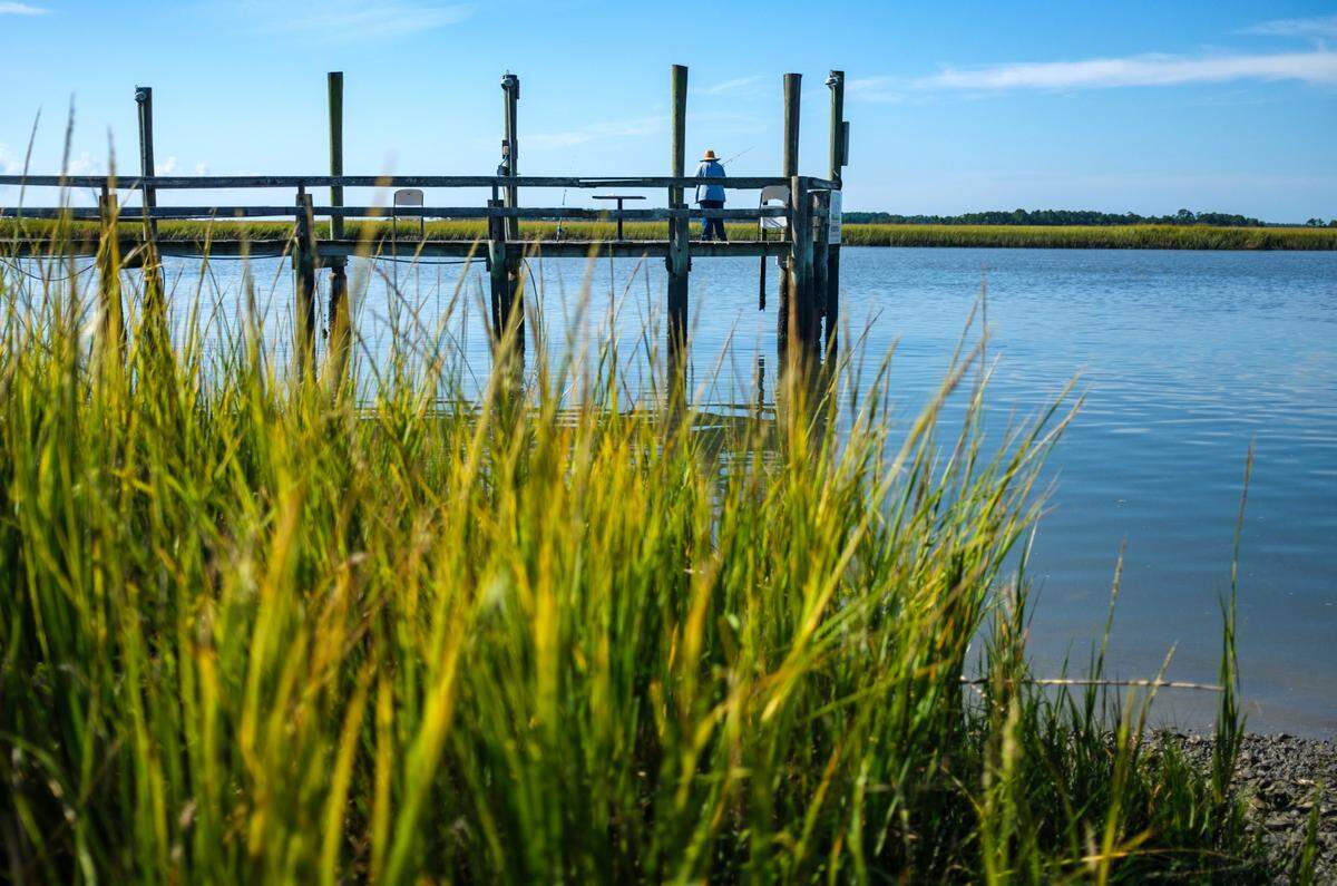 A lady fishes from the docks at low tide at Bowen’s Island Restaurant. Oct. 4, 2021.