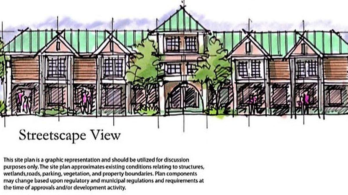 The main building in the Morgan Creek Commons concept plan is shown as two stories with a slightly taller, central section. The site plan shows three one-story buildings along the central driveway leading to it.