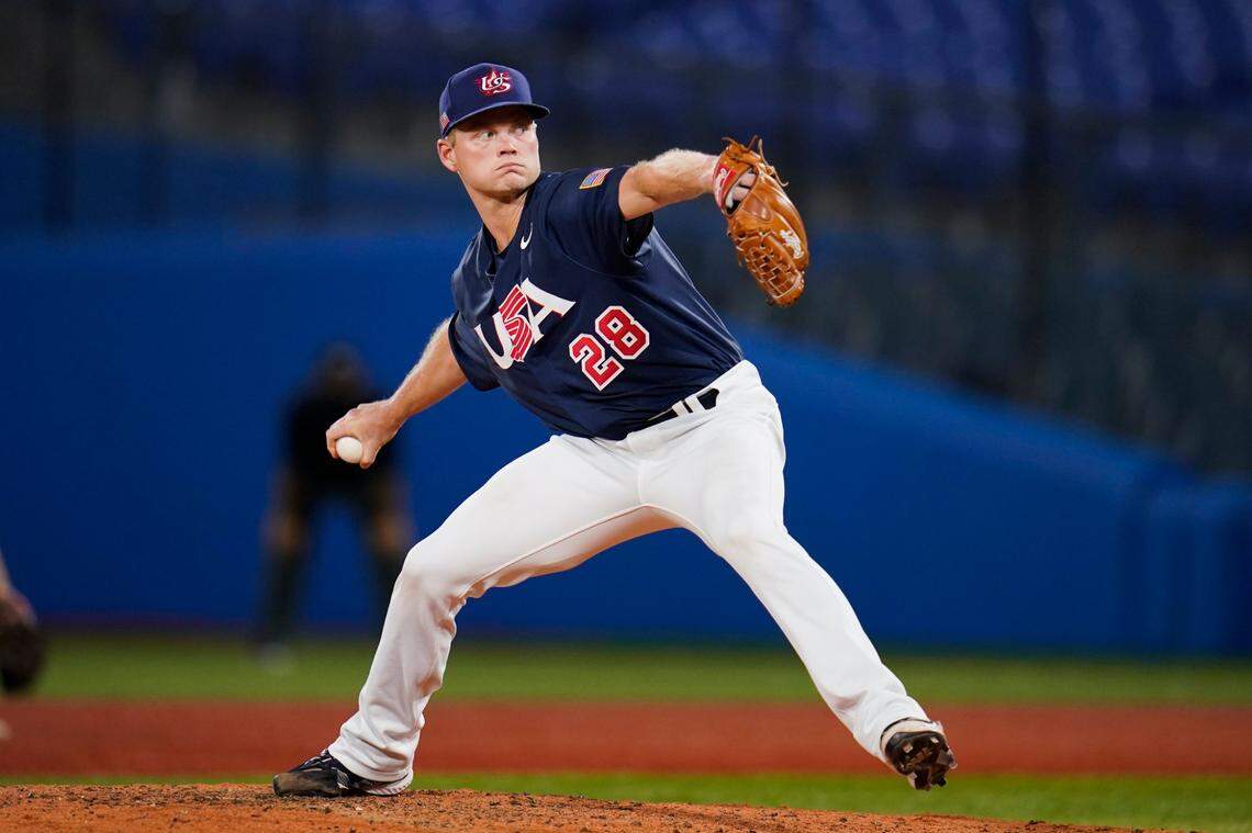 United States’ Ryder Ryan pitches during the the seventh inning of the gold medal baseball game against Japan at the 2020 Summer Olympics, Saturday, Aug. 7, 2021, in Yokohama, Japan. (AP Photo/Sue Ogrocki)