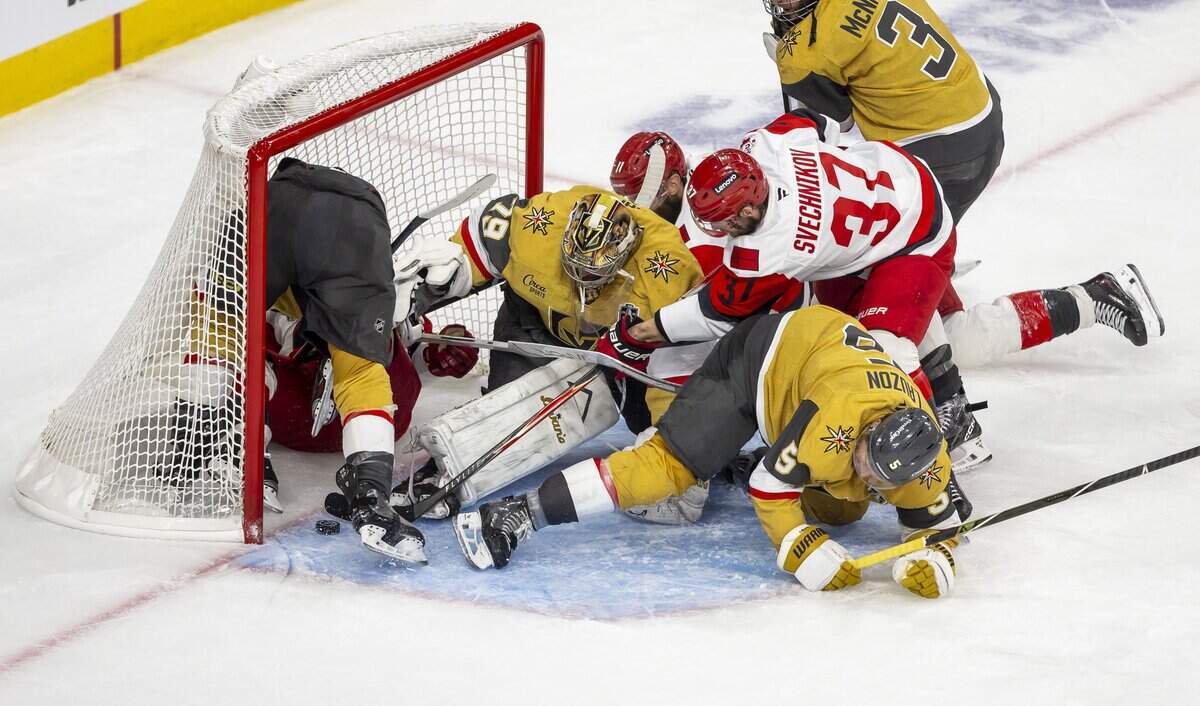 Carolina Hurricanes right wing Andrei Svechnikov (37) scores on Vegas goalie Carter Hart (79) to tie the score 4-4 and force overtime in Game 3 of the Stanley Cup Final, on Saturday, June 6, 2026 at T-Mobile Arena in Las Vegas, NV.