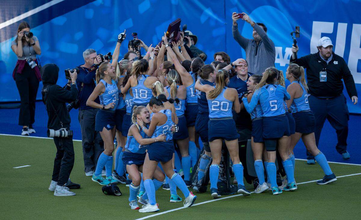 The Tar Heels’ celebrate their victory over Northwestern in the NCAA Division I Field Hockey Championship on Sunday, November 19, 2023 at Karen Shelton Stadium in Chapel Hill, N.C.