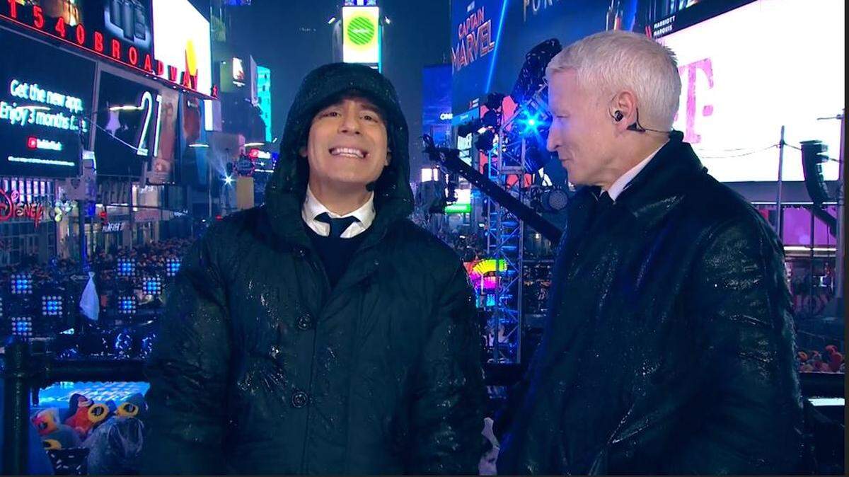 Andy Cohen, left, and Anderson Cooper hosted a rainy New Year’s Eve special on CNN to ring in 2019 from New York’s Times Square.