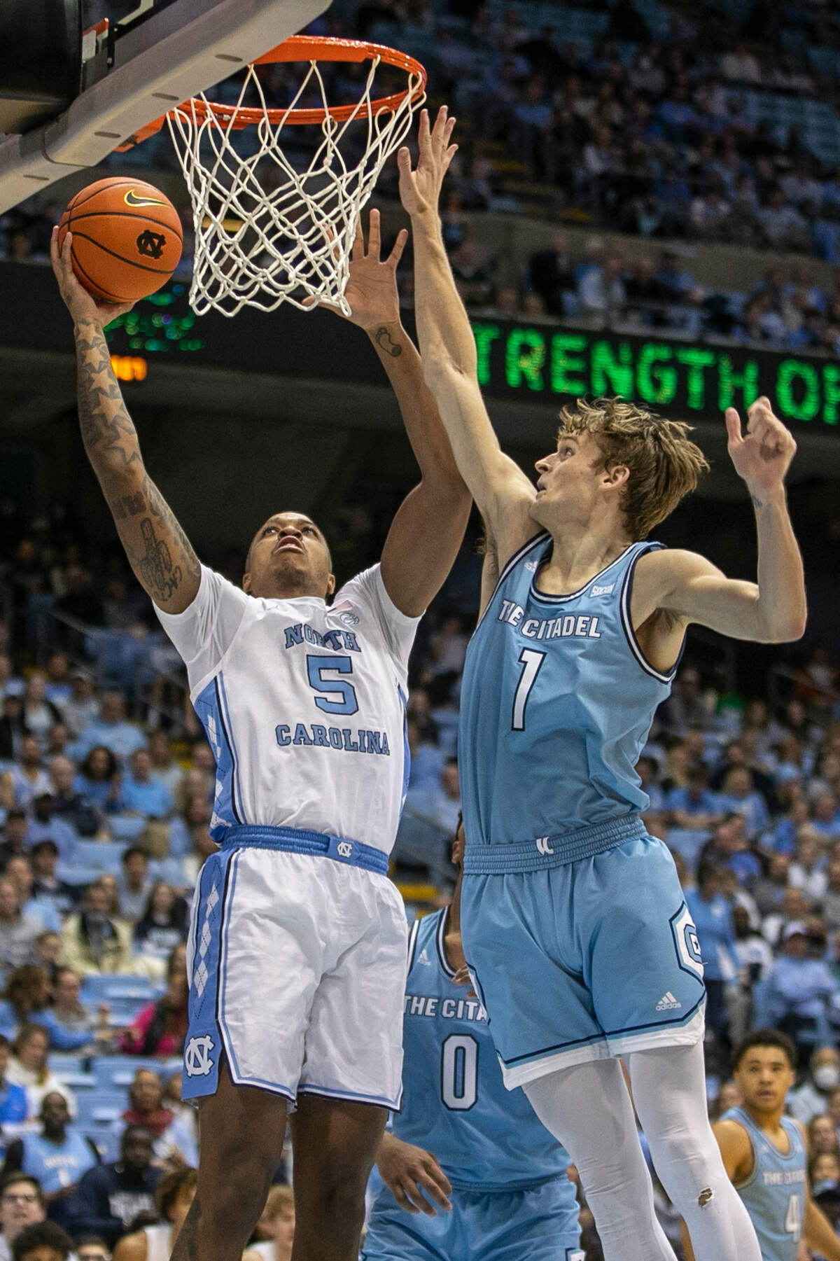 North Carolina’s Armando Bacot (5) puts up a shot against The Citadel’s Stephen Clark (1) in the second half on Tuesday, December 13, 2022 at the Smith Center in Chapel Hill, N.C.
