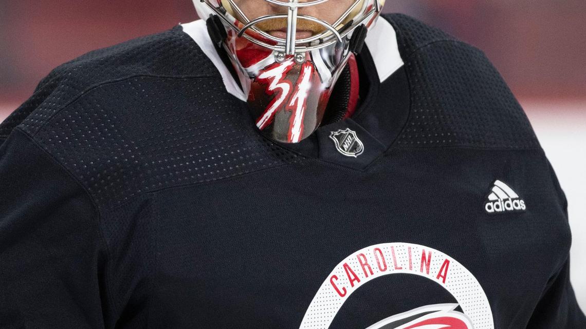 Carolina Hurricanes’ goalie Freddy Andersen (31) skates during the opening day of training camp on Thursday, September 23, 2021 at PNC Arena in Raleigh, N.C.
