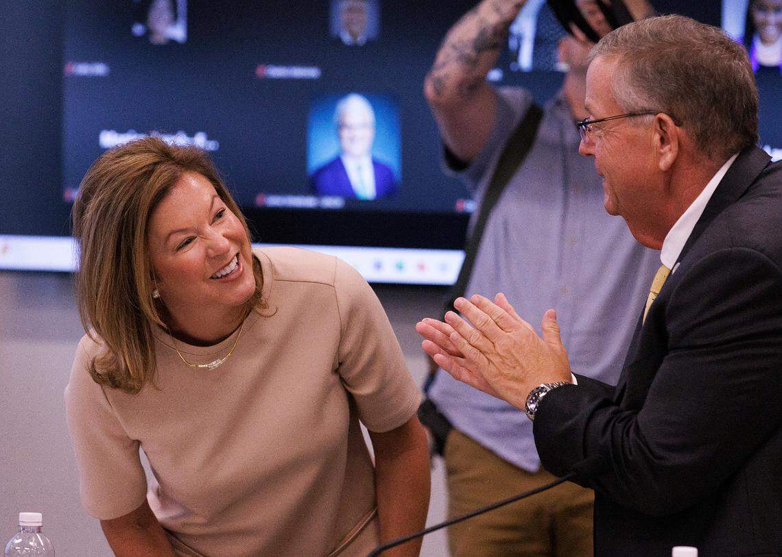 Wendy Murphy reacts after being elected chair of the UNC System Board of Governors during a meeting on Thursday, May 23, 2024, in Raleigh, N.C.