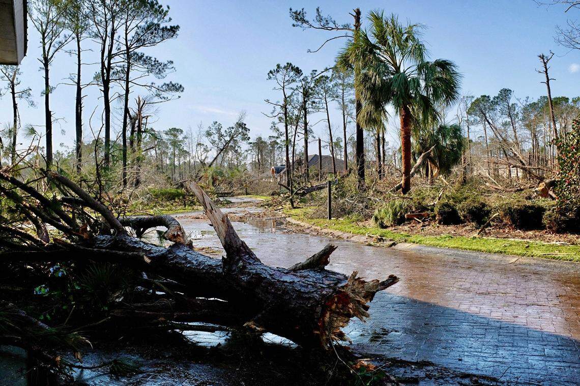 A tornado that moved through a residential area of Brunswick County, N.C. late Monday, Feb. 16, 2021 left three dead and at least 10 injured. The weather system sheared off the tops of pine trees and damaged least 50 homes in the Ocean Ridge Plantation neighborhood, near Ocean Isle Beach, officials said.