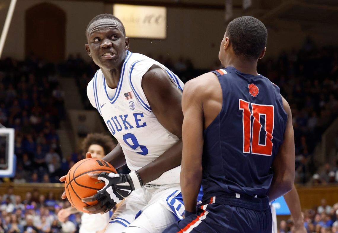 Duke’s Khaman Maluach (9) is fouled by Lincoln’s Bakir Cleveland (10) during the first half of Duke’s exhibition game against Lincoln (Pa) University at Cameron Indoor Stadium in Durham, N.C., Saturday, Oct. 19, 2024.
