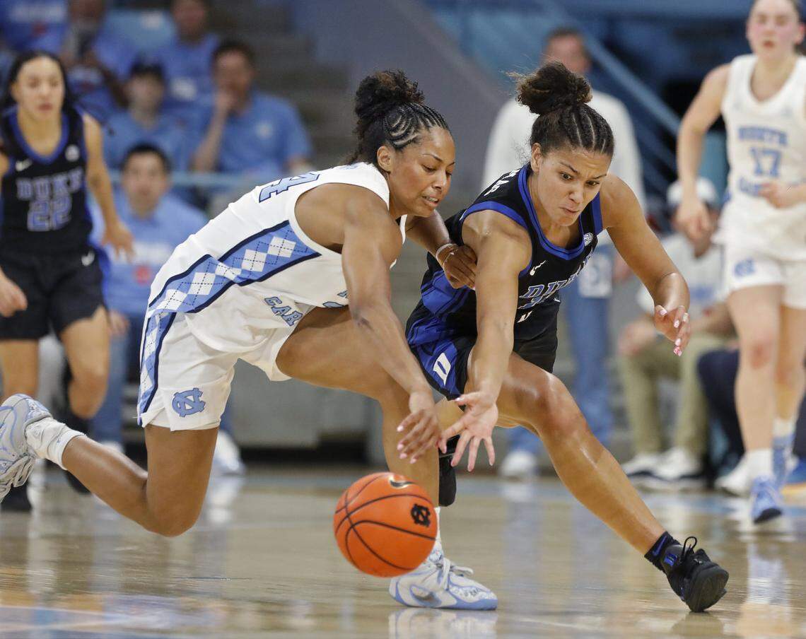 North Carolina’s Indya Nivar and Duke’s Delaney Thomas scramble for a loose ball during the second half of the Tar Heels’ 74-69 win on Sunday, March 1, 2026, at Carmichael Arena in Chapel Hill, N.C.