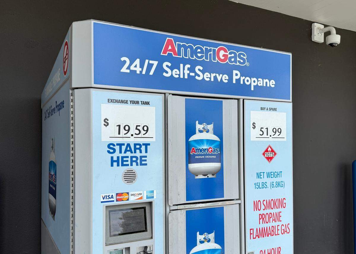 Propane kiosks outside stores including Sam’s Club allow shoppers to exchange and purchase new, portable propane tanks.