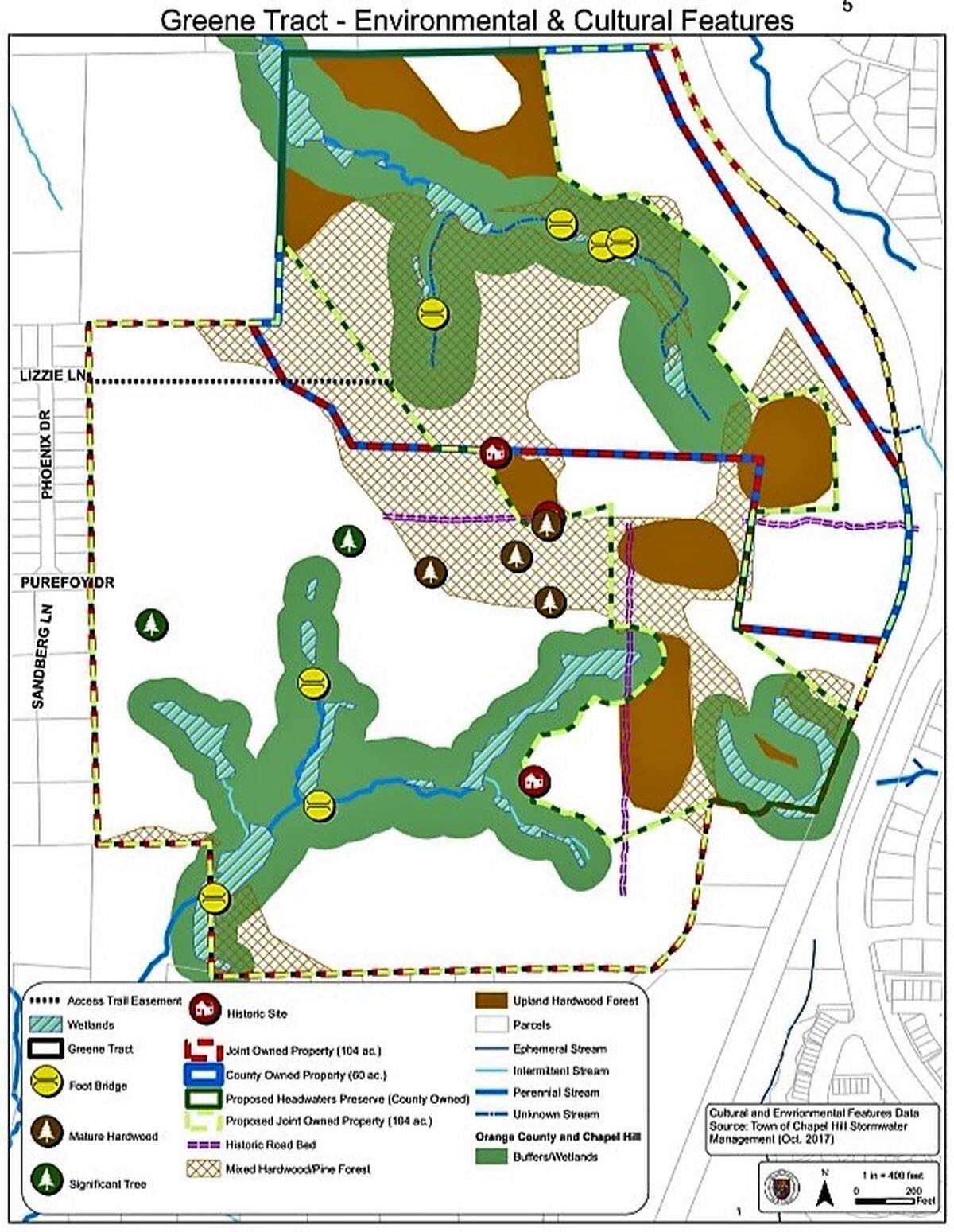 Planning staff provided this map to Orange County, Chapel Hill and Carrboro elected officials to show where roughly 40 acres of environmentally sensitive land is within the 164-acre Greene Tract. The map was used to create a new land-use concept plan and reconfigure the jointly and county-owned lands.