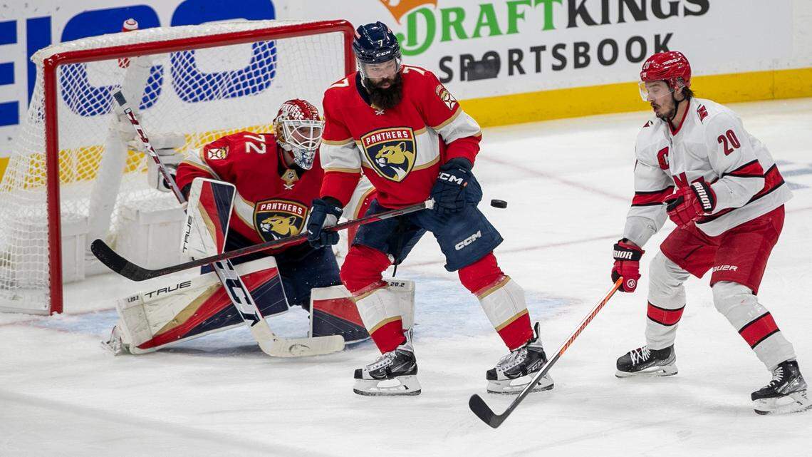 The Carolina Hurricanes Sebastian Aho (20) tries to get his stick on the puck in front of Florida Panthers goalie Sergei Bobrovsky (72) in the first period of Game 3 of the Eastern Conference Finals on Monday, May 22, 2023 at FLA Live Arena in Sunrise, Fla.