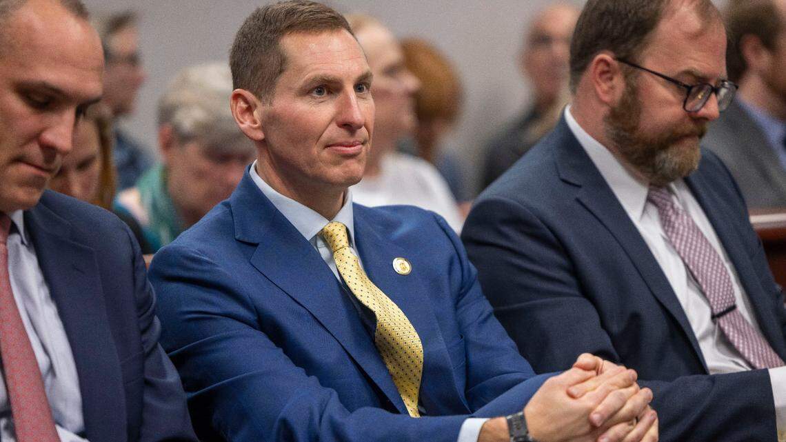 Judge Jefferson Griffin, the Republican candidate for the N.C. Supreme Court listens to testimony in Wake County Superior Court on Friday, February 7, 2025 in Raleigh, N.C. Griffin trails North Carolina Supreme Court Justice Allison Riggs by 734 votes following two recounts of the November 2024 election results. Griffin is attempting to have more than 65,000 ballots cast in the election thrown out.