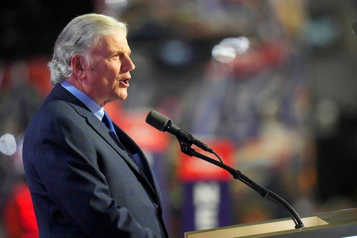 Franklin Graham, President and CEO of the Billy Graham Evangelistic Association, speaks during the final day of the Republican National Convention at the Fiserv Forum. The final day of the RNC featured a keynote address by Republican presidential nominee Donald Trump.