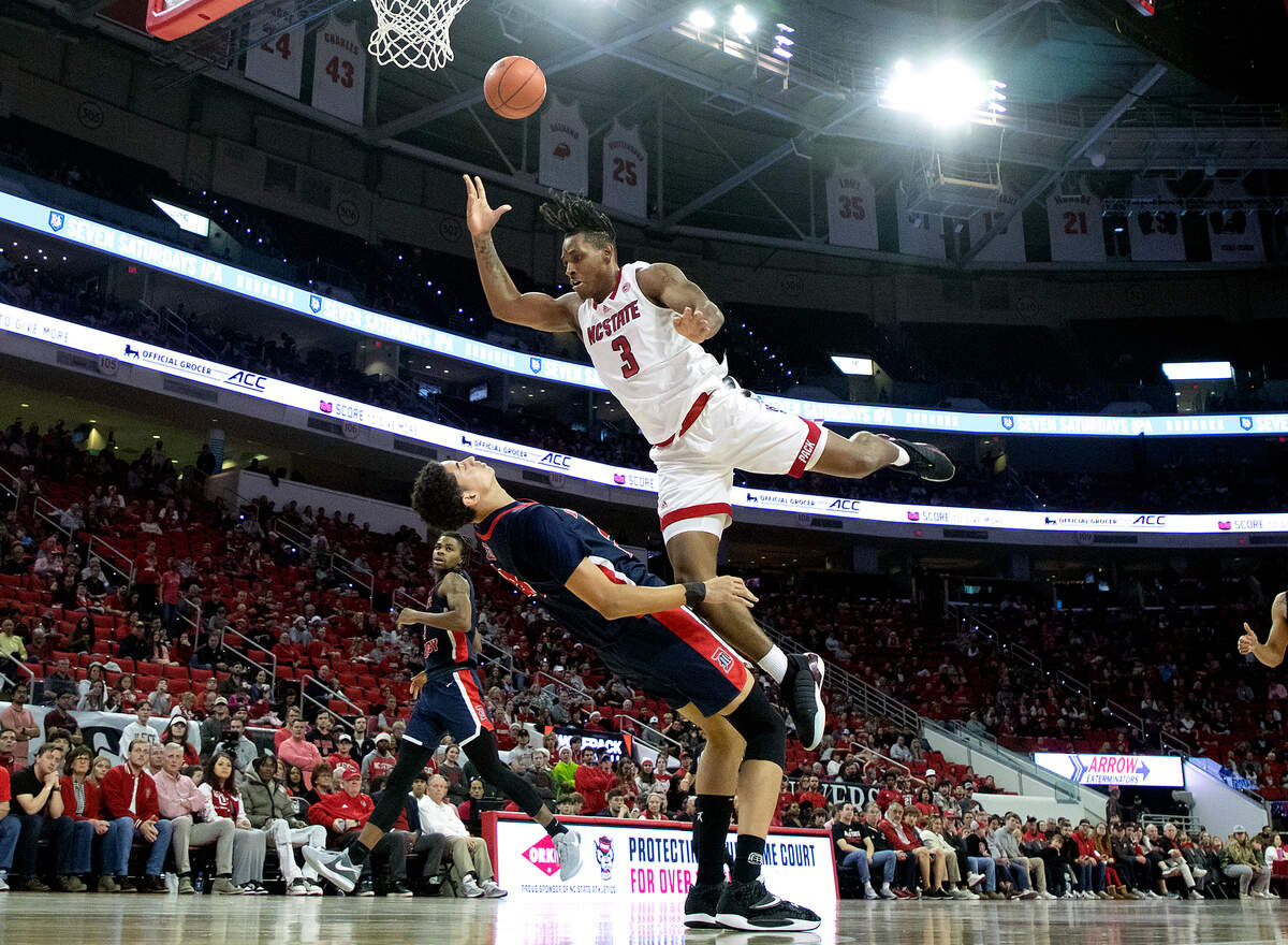 N.C. State’s MJ Rice drives to the basket during the second half of the Wolfpack’s 83-66 win over Detroit on Saturday, Dec. 23, 2023, at PNC Arena in Raleigh, N.C.