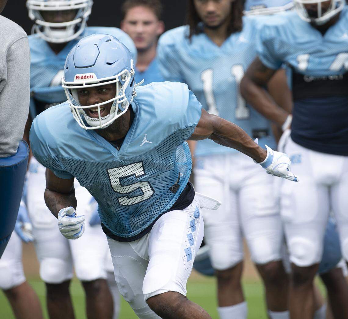 North Carolina wide receiver Dazz Newsome (5) runs through a dill during the Tar Heels’ practice on Tuesday, August 6, 2019 at the Football Practice Facility in Chapel Hill, N.C.