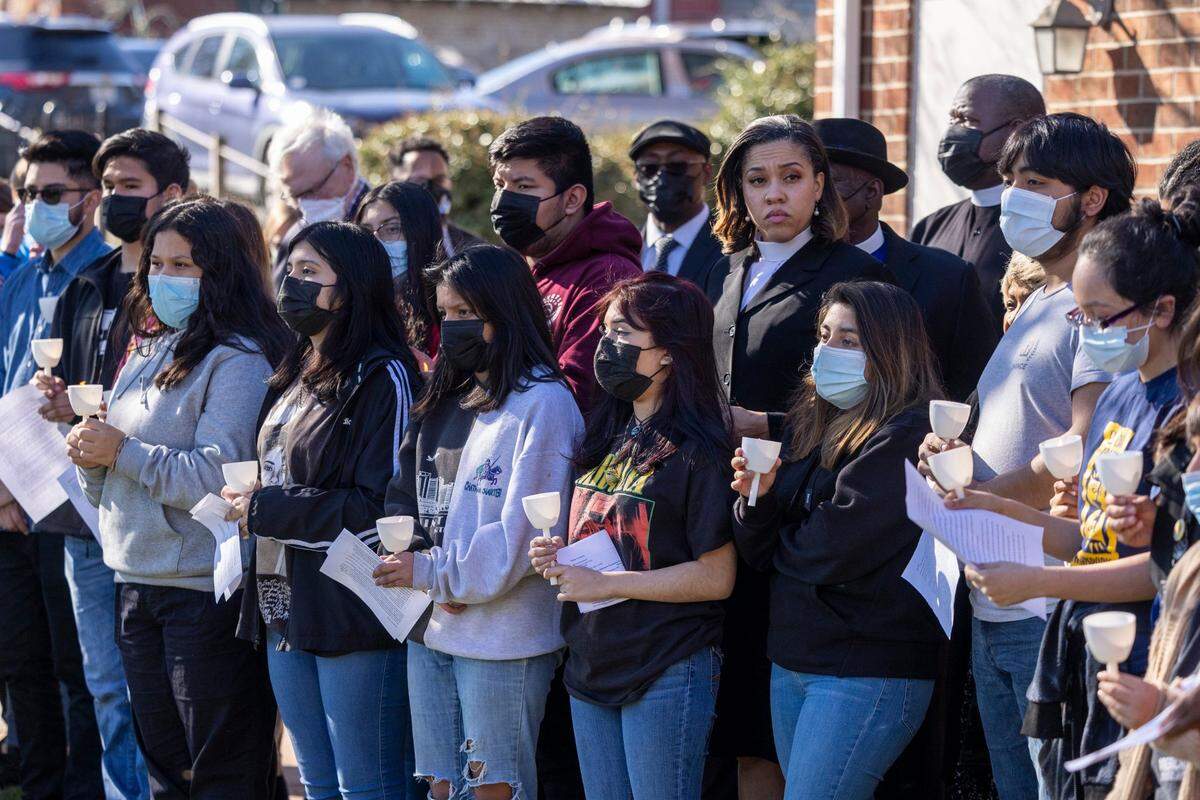 Dozens attend a press conference at the Pittsboro Presbyterian Church Monday, March 14, 2022 after Ashley Palmer charged in social media that her son experienced a slave auction of Black students led by classmates at J.S. Waters School in Goldston.