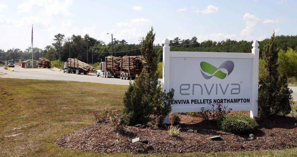Trucks line up to bring logs to the Enviva plant in Northampton County, N.C. Tuesday, Sept. 3, 2019. Enviva is the world’s largest producer of wood pellets,