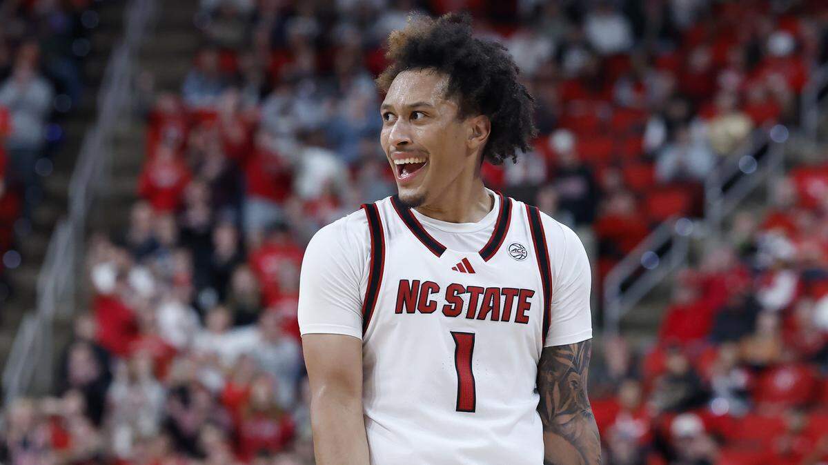N.C. State’s Darrion Williams reacts after knocking down a three-point basket during the second half of the Wolfpack’s 110-64 win over UNC Greensboro on Wednesday, Nov. 12, 2025, at Lenovo Center in Raleigh, N.C.
