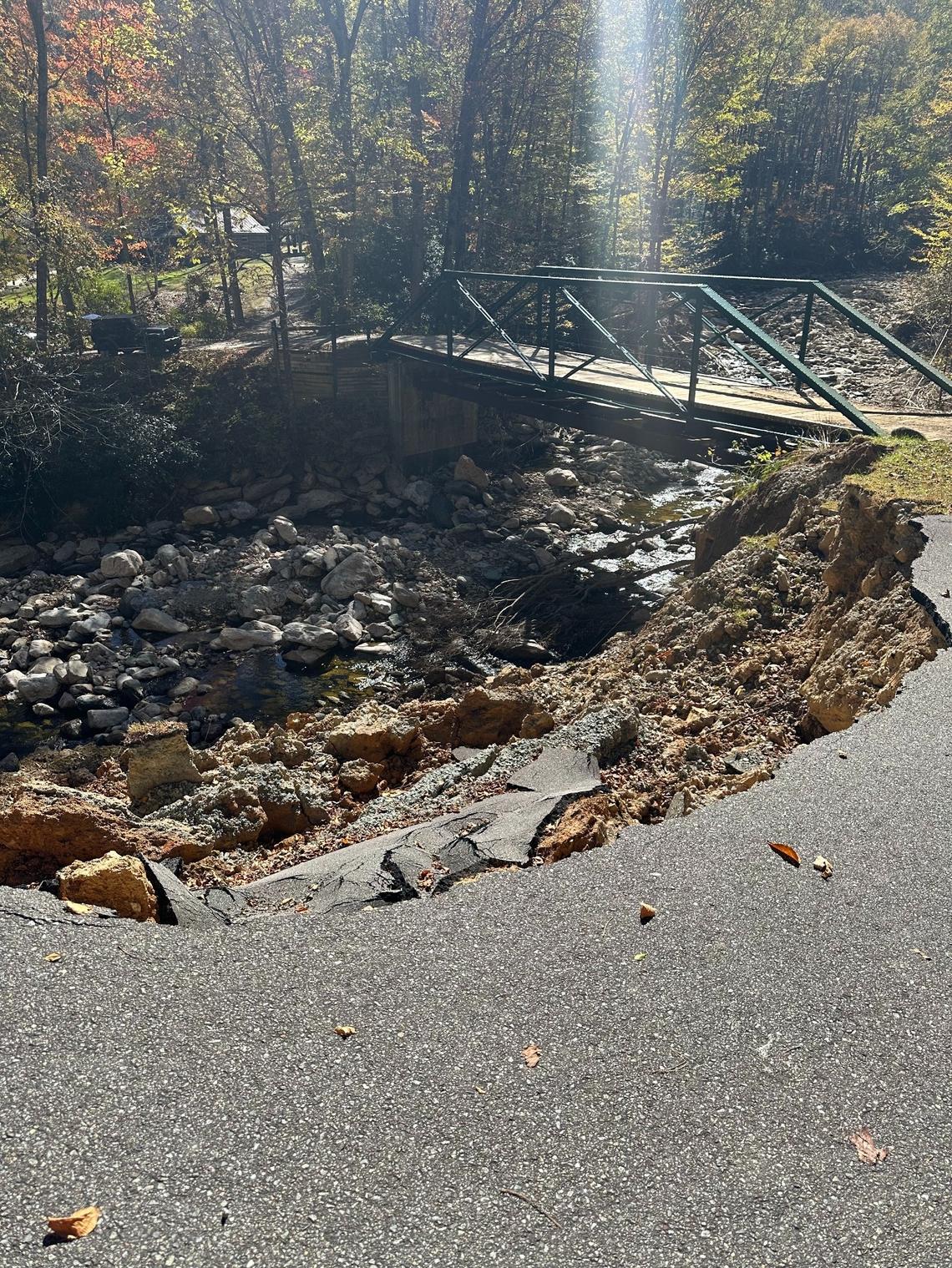 A portion of the roadway on Rime Frost Road fell into the Watauga River after Hurricane Helene swept through western North Carolina