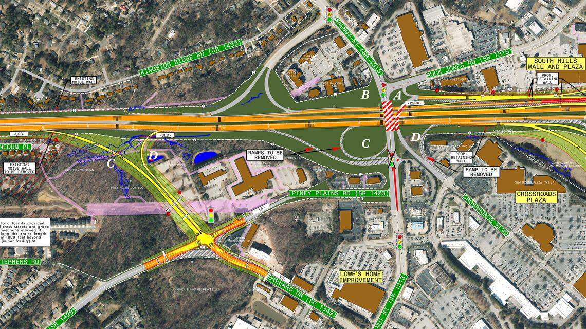 The N.C. Department of Transportation plans to build new ramps to and from northbound U.S. 1/64 at Walnut Street and the Crossroads shopping area. The new ramps, on the left side of this diagram, would replace ramps at Walnut and Crossroads Boulevard, near letters C and D, that force traffic to merge with drivers getting on eastbound Interstate 40.