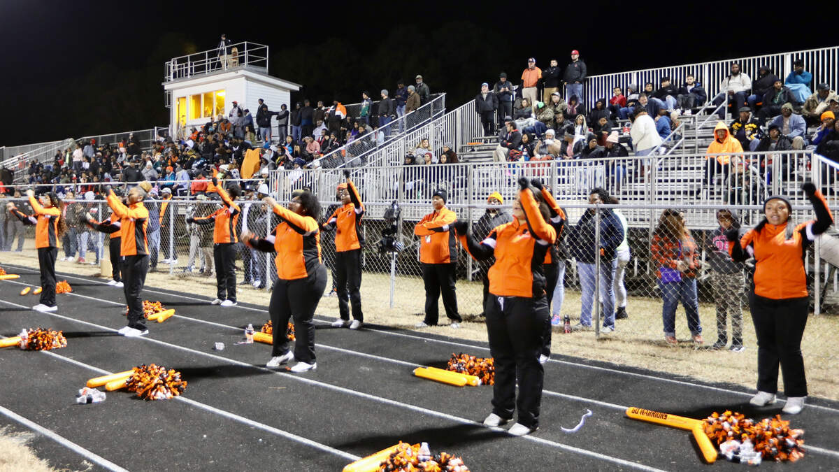 The North Edgecombe High School Cheerleader team leads the home crowd in chants during Northampton County High School’s 20-12 victory over North Edgecombe High School in the semifinals of the North Carolina 1A High School Football Playoffs in Tarboro, N.C. on December 6, 2019.