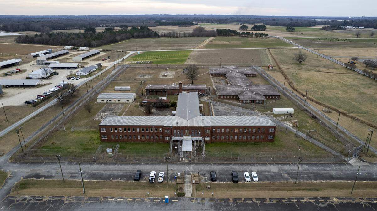 An aerial view shows the exterior of the former Wayne County Correctional Center in Goldsboro, an 80,000-square-foot decommissioned prison recently purchased by Kerwin Pittman who plans to convert the property into a transitional workforce development campus for formerly incarcerated people.