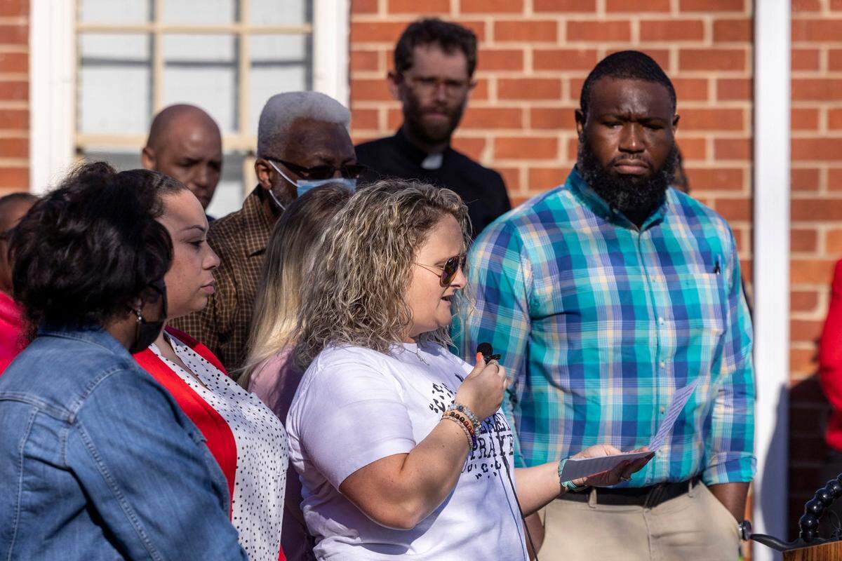 Ashley Palmer speaks during a press conference at the Pittsboro Presbyterian Church Monday, March 14, 2022. Palmer charged in social media that her son experienced a slave auction of Black students led by classmates at J.S. Waters School in Goldston.
