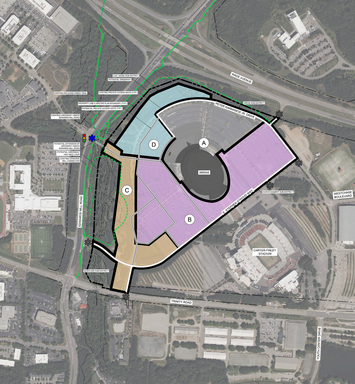The proposed rezoning of nearly 81 acres around the Lenovo Center divides the site into four zones or subdistricts.