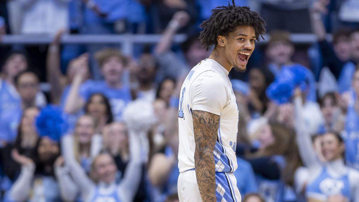 North Carolina guard Jonathan Powell (11) reacts after sinking a three-point basket in the first half against Virginia Tech on Saturday, February 28, 2026 at the Smith Center in Chapel Hill, N.C.