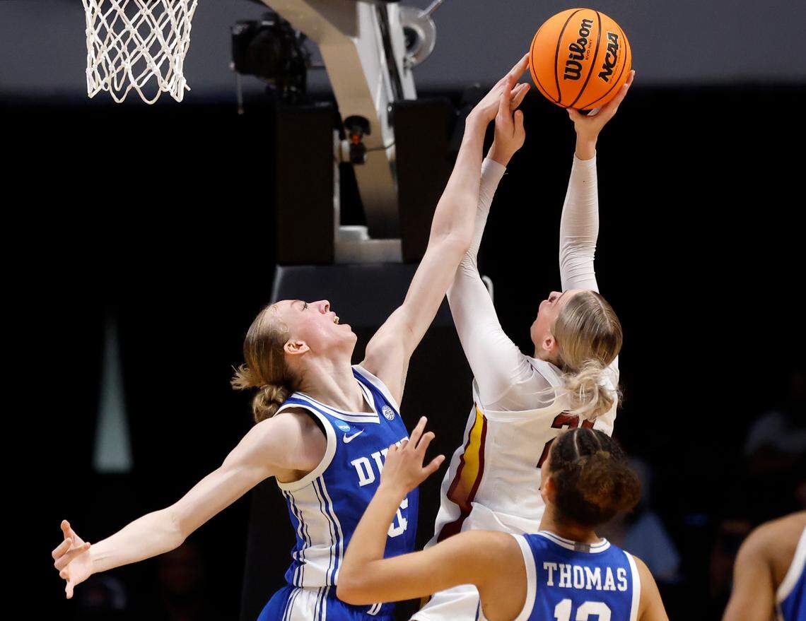Duke’s Toby Fournier defends South Carolina’s Chloe Kitts during the second half of the Blue Devils’ 54-50 loss in the NCAA Tournament Elite Eight at Legacy Arena on Sunday, March 30, 2025, in Birmingham, Ala.