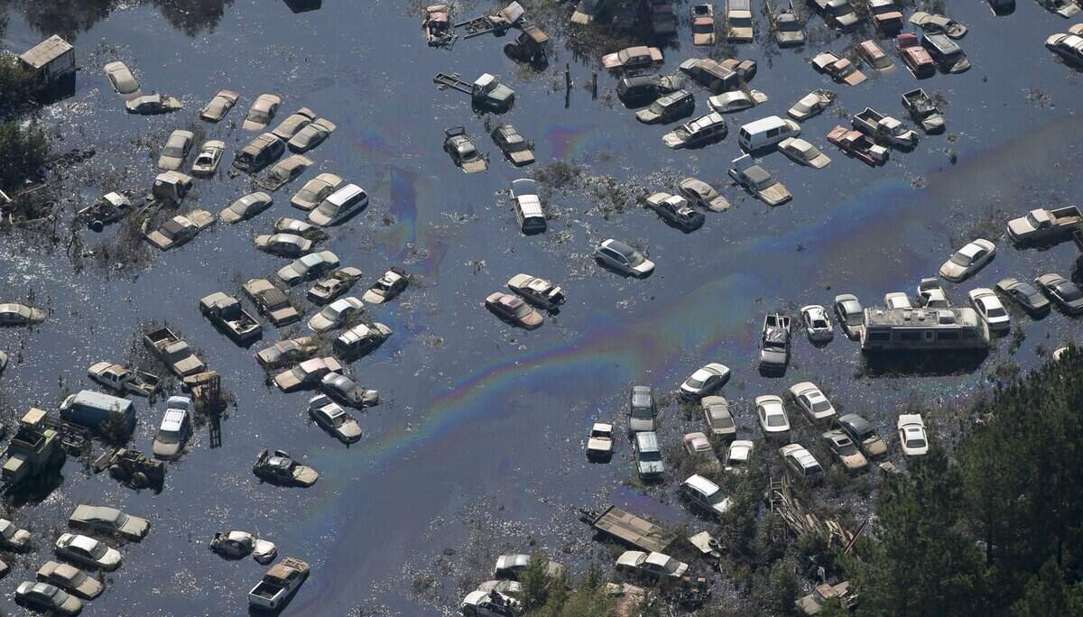 A junk yard of flooded cars near Ingold, N.C. in Sampson County shows a potentially toxic mix leaking from the vehicles on Thursday, September 20, 2018 following Hurricane Florence.