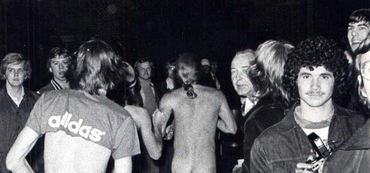 N.C. State streakers run through campus following a basketball game.