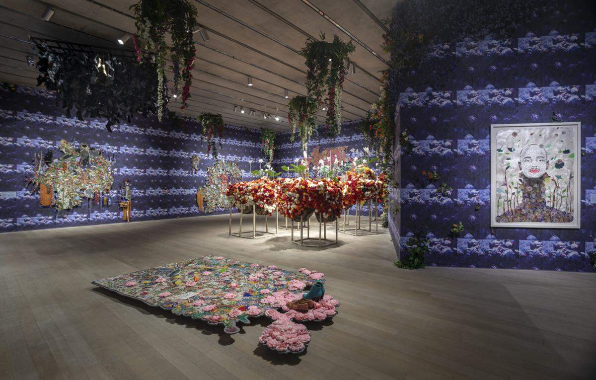 ‘Ebony G. Patterson . . . while the dew is still on the roses . . . ,’ seen at the Pérez Art Museum in Miami, will be on exhibit at the Nasher Museum of Art in Durham, NC.