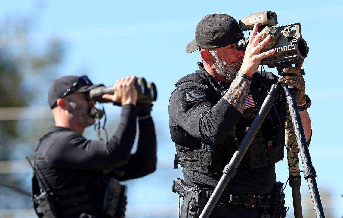 Secret Service members look to secure the area where former President Donald J. Trump would speak following a tour of Swannanoa, NC Monday, October 21, 2024.