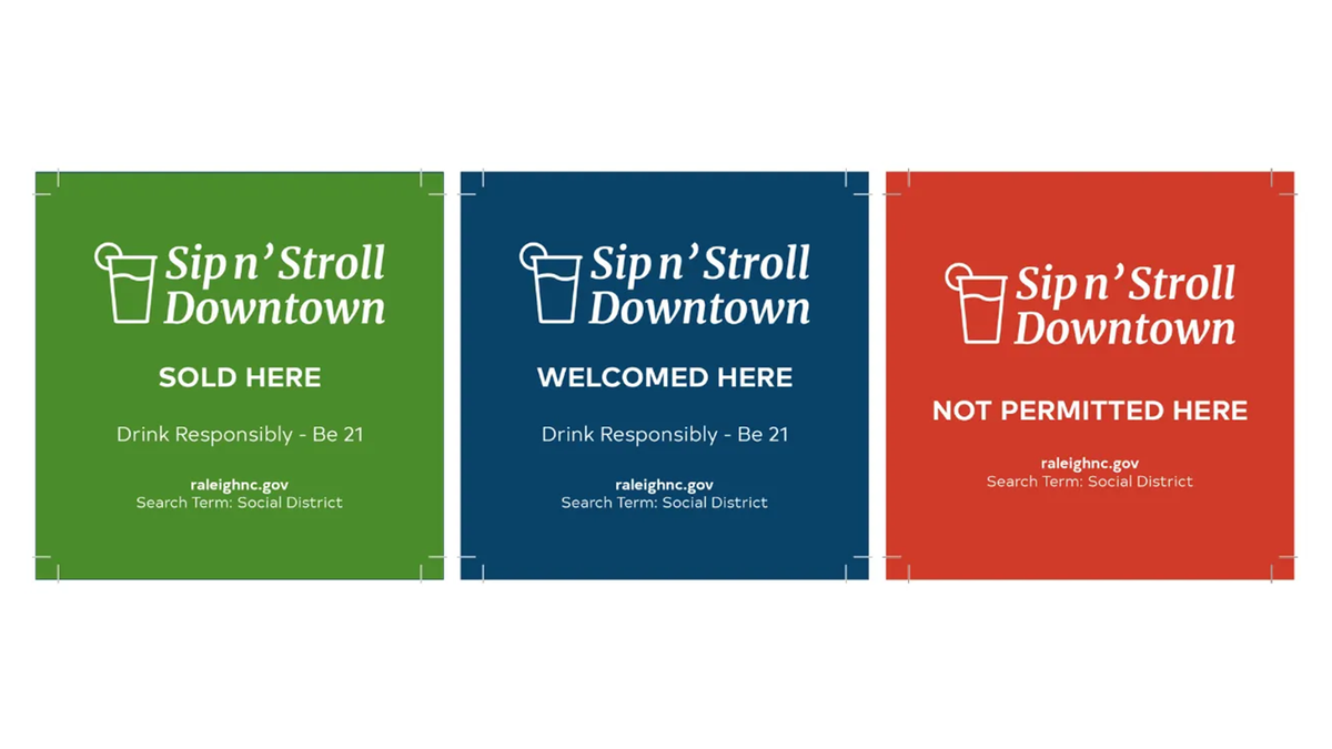 An example of the window clings that will start appearing in Raleigh’s downtown social district.