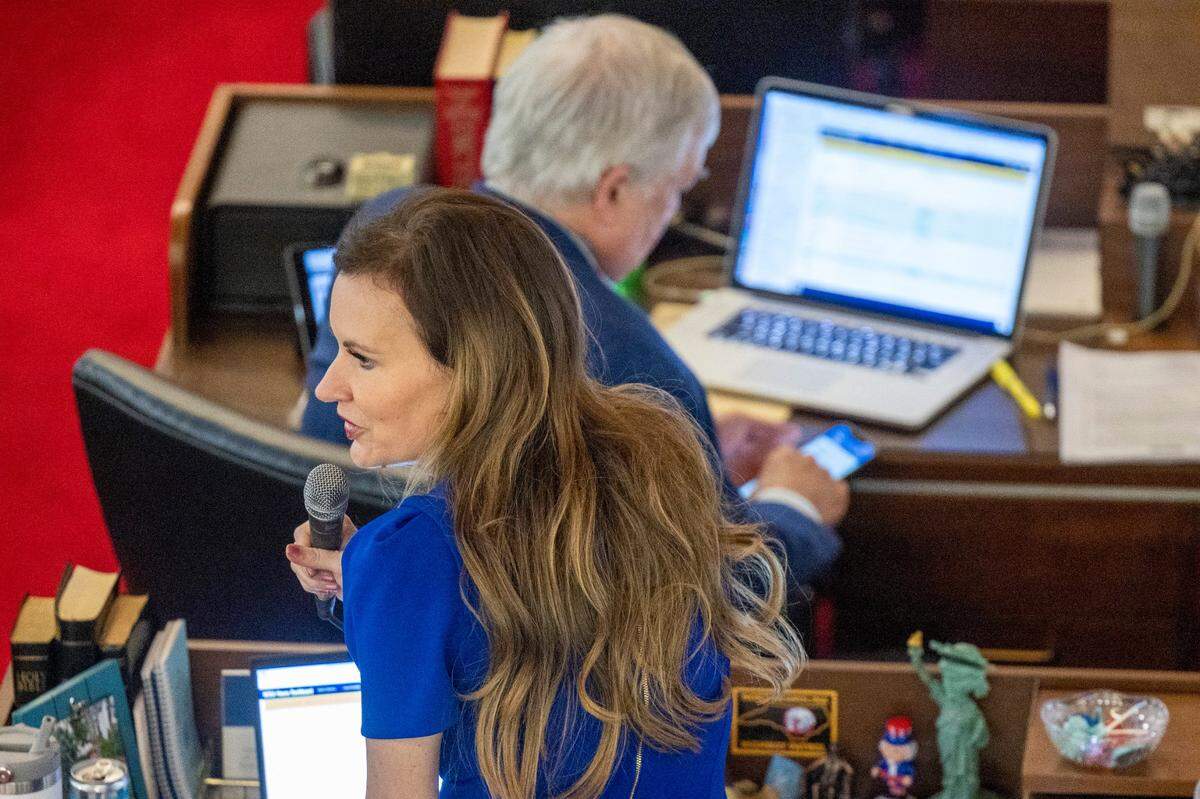 Rep. Tricia Cotham, a Mecklenburg County Republican and former Democrat, speaks on a bill on the House floor prior to voting in favor of the the new abortion restrictions bill  Wednesday, May 3, 2023 at the Legislative Building.