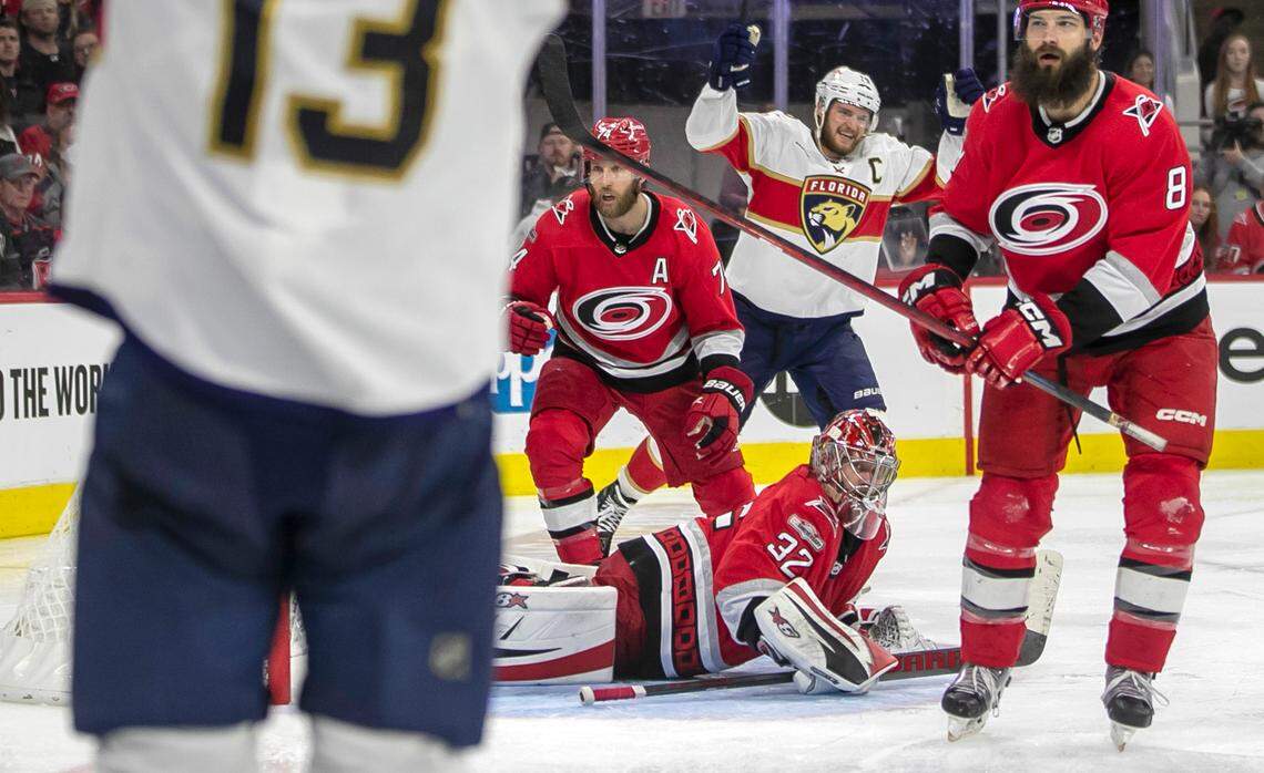 Florida Panthers captain Aleksander Barkov (16) reacts after the game winning goal in overtime by Matthew Tkachuk (19) on Carolina Hurricanes goalie Antii Raanta (32) during Game 2 of the Eastern Conference Finals on Saturday, May 20, 2023 at PNC Arena in Raleigh, N.C.