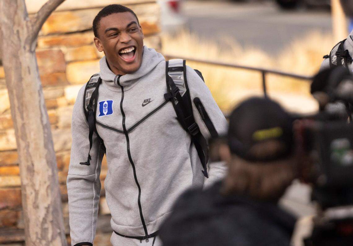Dukes Jaylen Blakes prepares to depart for the Final Four in New Orleans Tuesday, March 29, 2022 outside Cameron Indoor Stadium.