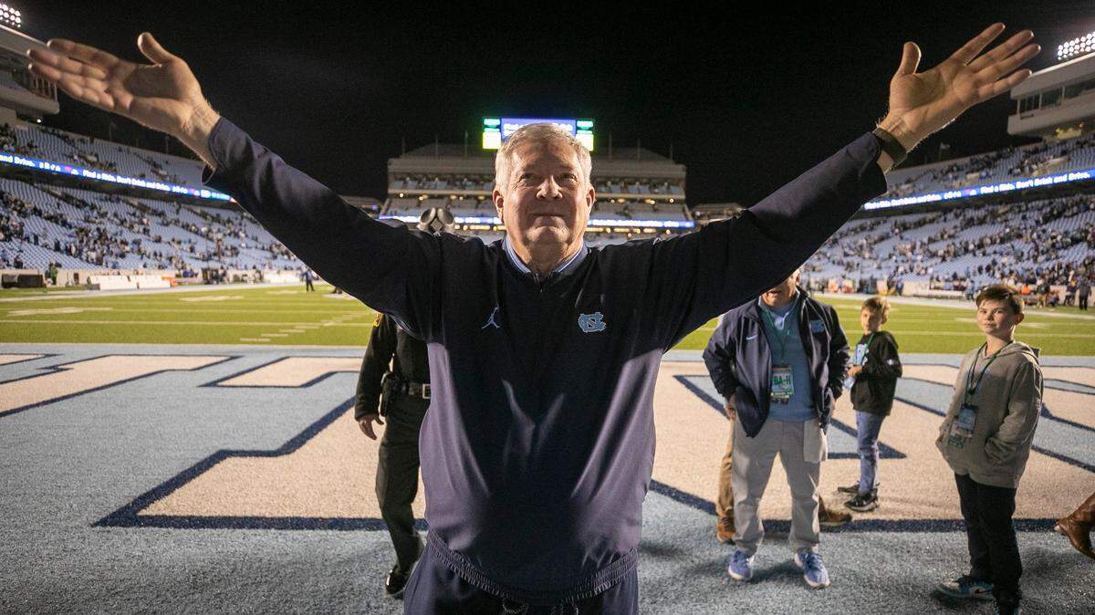 North Carolina coach Mack Brown acknowledges the student section as he leaves the field following the Tar Heels’ 42-24 victory over Pitt on Saturday, October 29, 2022 at Kenan Stadium in Chapel Hill, N.C.