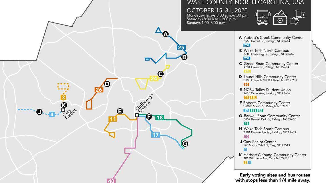 The Bus to Vote map for Wake County shows early-voting sites located within a quarter mile of a public bus stop.