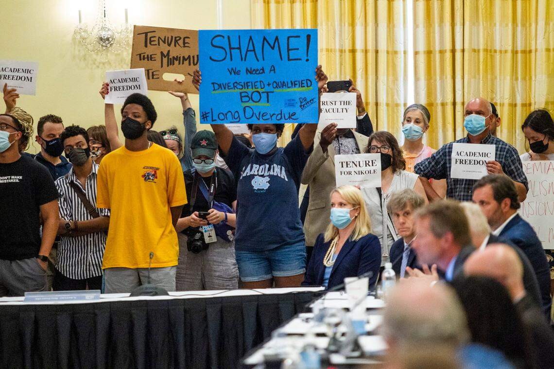 Demonstrators protest a UNC-Chapel Hill trustees meeting Wednesday, June, 30, 2021 as the board prepared to discuss and vote on tenure for distinguished journalist Nikole Hannah-Jones.