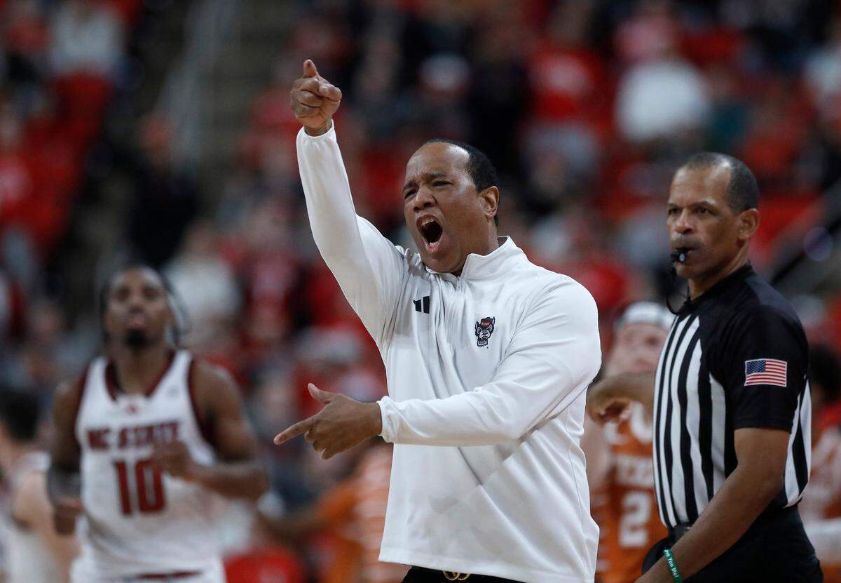 N.C. State head coach Kevin Keatts reacts during the second half of the Wolfpack’s 63-59 loss to Texas on Wednesday, Dec. 4, 2024, at Lenovo Center in Raleigh, N.C.
